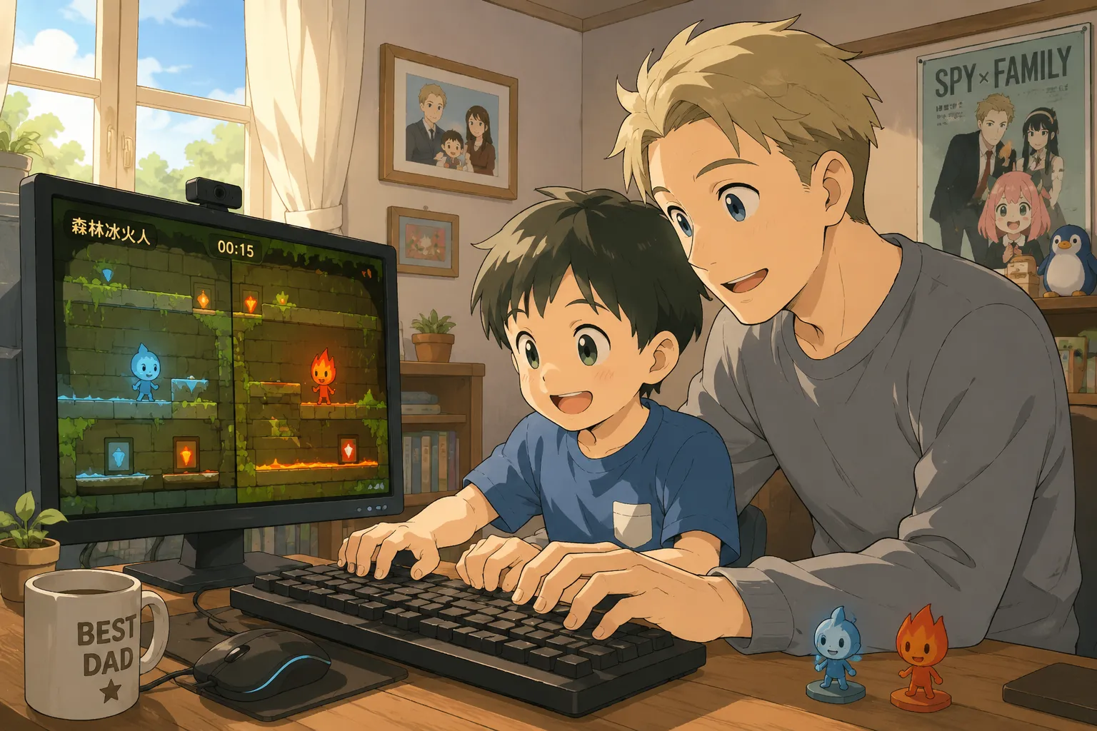 父子二人玩森林冰火人